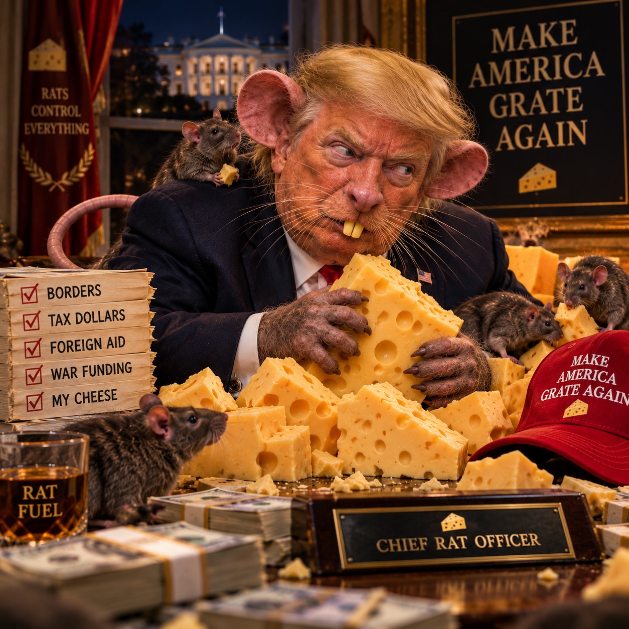Satirical Chief Rat Officer eating cheese at a desk with a tax-dollar checklist