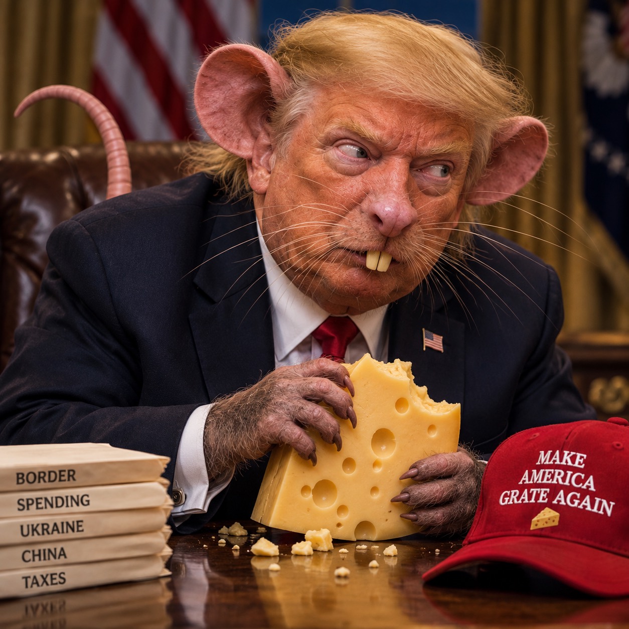 Satirical image of Trump as a rat holding a large block of cheese at a presidential desk
