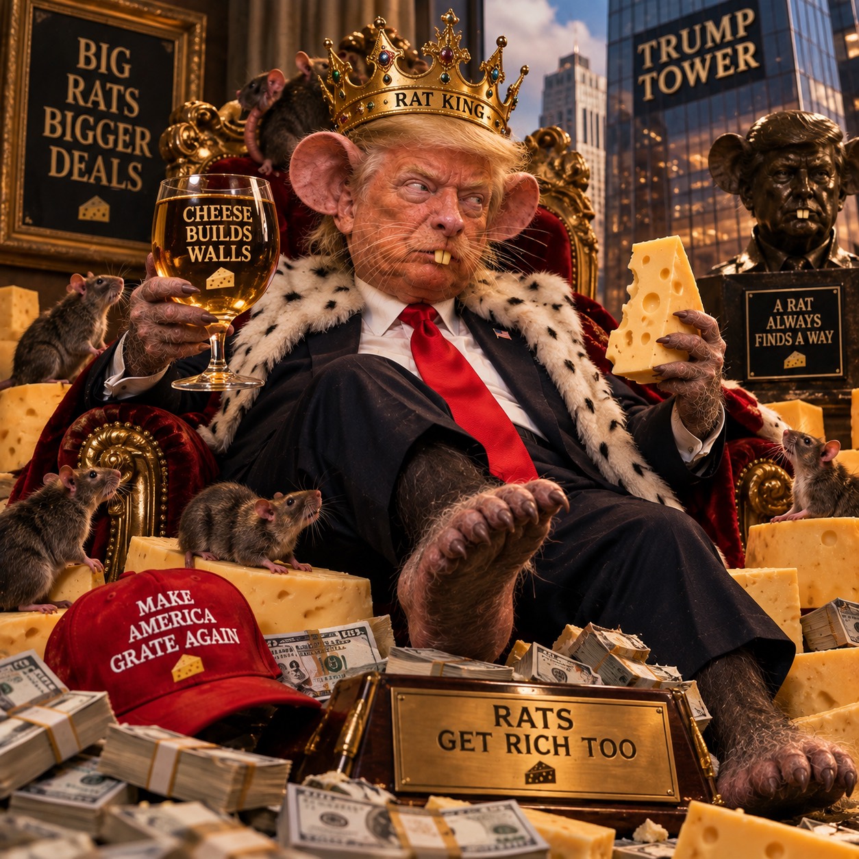 Satirical Trump rat king on a gold throne surrounded by cheese and cash