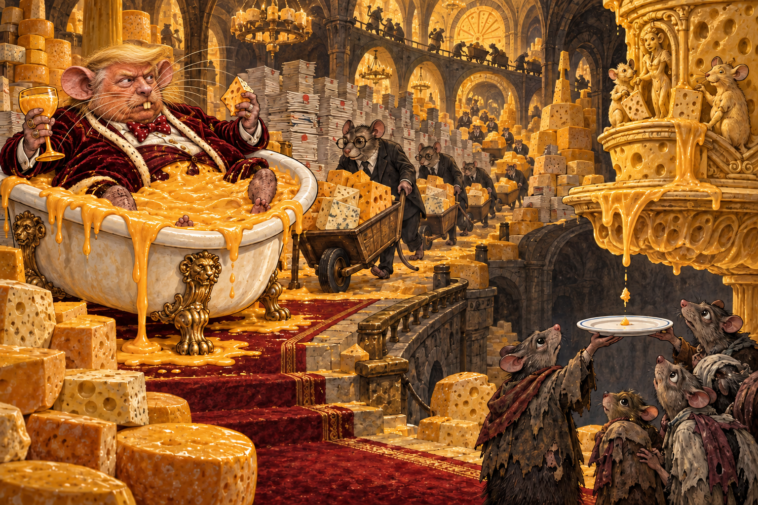 Satirical Trump rat luxuriating in a cheddar bath while accountants deliver cheese and citizens receive one crumb
